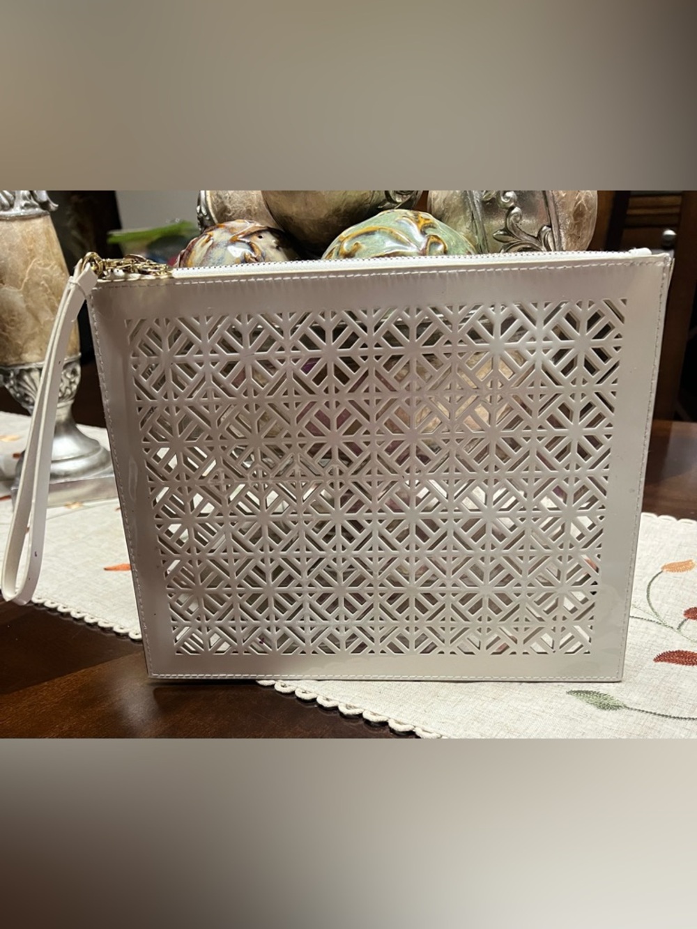 Tory Burch White Laser-Cut Patent Leather Wristlet